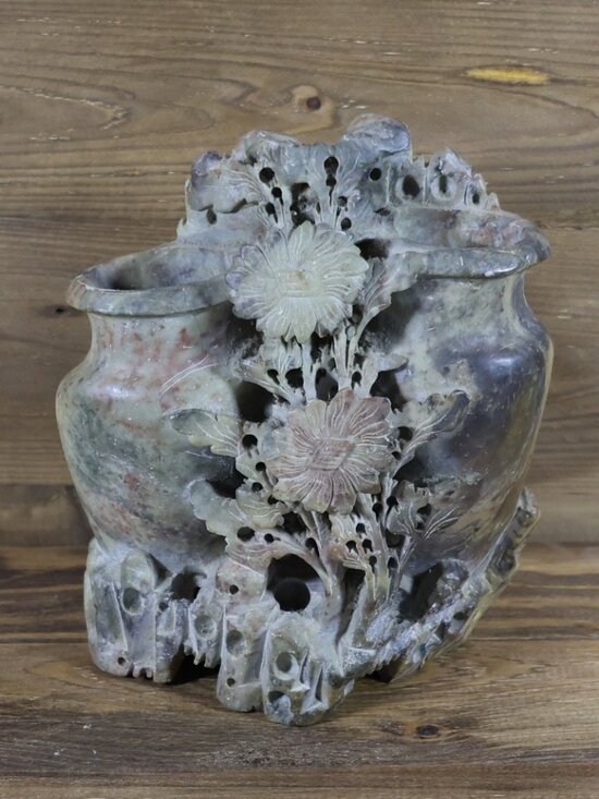 Soapstone Vase Other - Vintage Chinese Carved Soapstone Double Vase With Flowers and Leaves 6. 5" tall